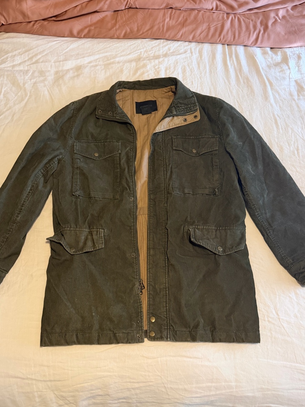 Express Olive Green Military Field Jacket with Tan Lining